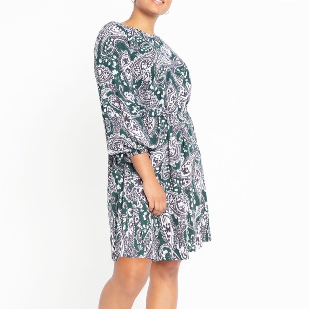 Eloquii Easy Paisley Boat Neck Knee Length Rayon Bohemian Floral Dress with Tie